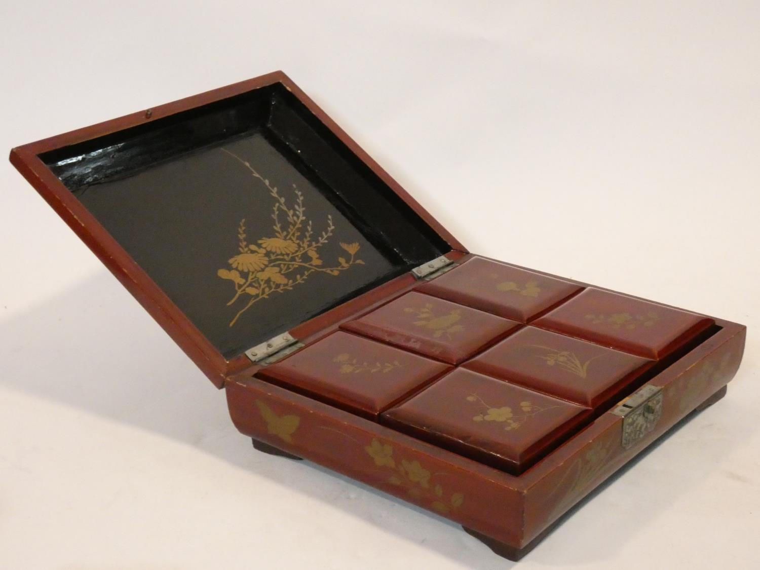 An antique Japanese lacquered fitted gaming box with hand painted gilt decoration depicting a - Image 4 of 15