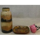 A collection of three ceramic items. Including a large West German glazed ceramic vase. with