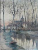 A framed and glazed watercolour of a village river scene, titled 'Emael', signed Jos Lambresier.