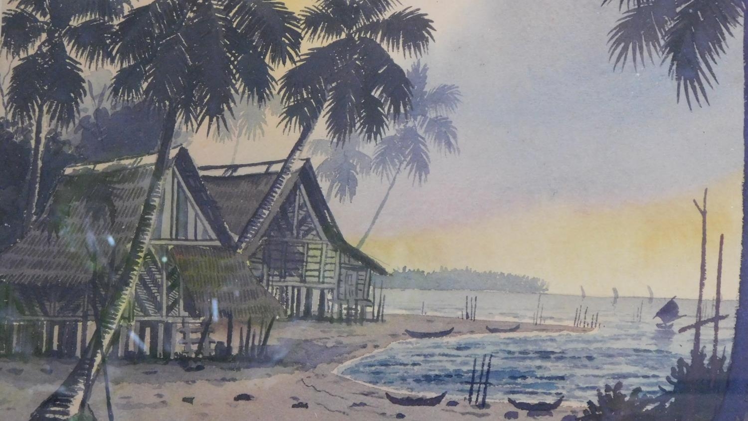 A.B. HASSAN, watercolour of Malaysian beach houses, oil on canvas of a church, signed etching of a - Image 6 of 11
