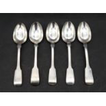 Five Georgian silver teaspoons with engraved monograms. Three hallmarked: WS for William Stroud,