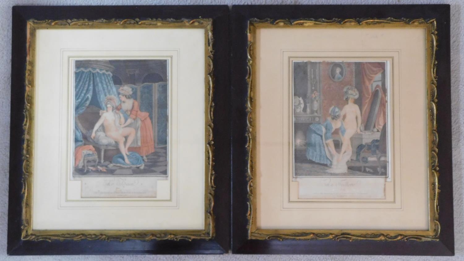 Two gilded framed and glazed antique hand coloured French engravings of nude ladies, one titled '