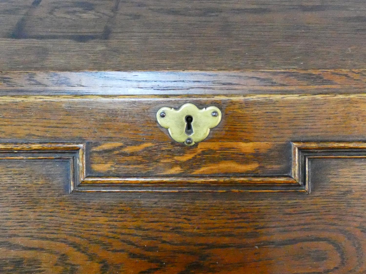 A mid century Jacobean style oak bureau with lozenge inset panels and fall front revealing fitted - Image 9 of 26