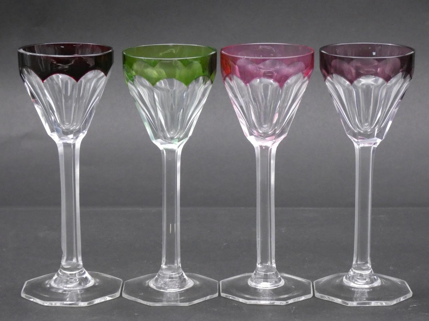 Eight antique Bohemian cut to clear sherry/cordial glasses. A set of four with vine design and - Image 3 of 16