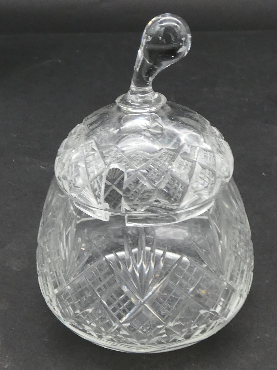 A collection of antique cut glassware. Including a cut crystal stemmed bonbon dish with floral - Image 6 of 19