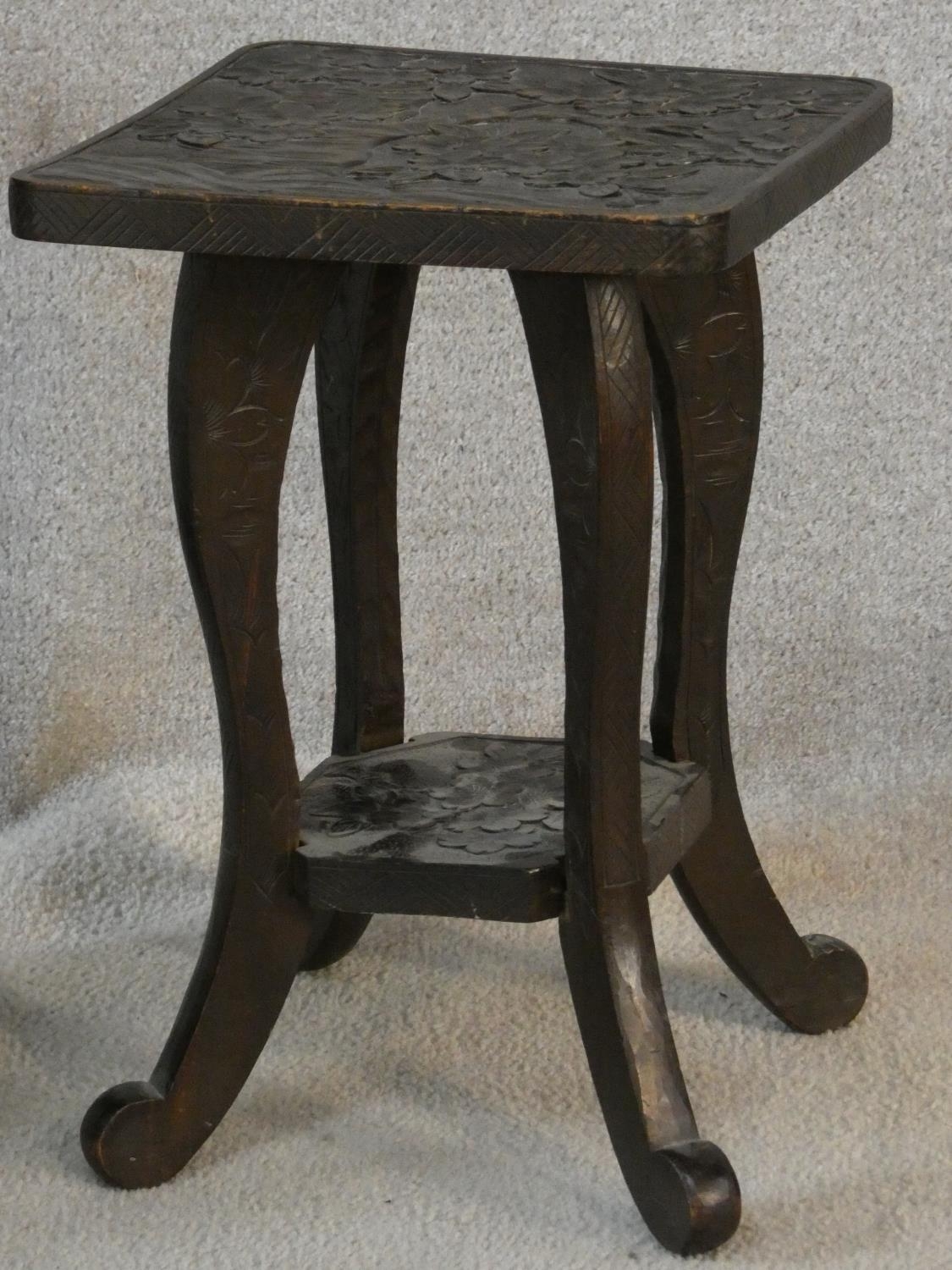 A Victorian mahogany three tier whatnot and a carved Eastern hardwood occasional table. H.84 W.55 - Image 2 of 6