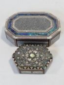 Two vintage Damascus style jewellery boxes with all over bone, mother of pearl and abalone micro