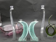 A collection of vintage art glass and pewter. Including a green abstract glass sculpture on clear