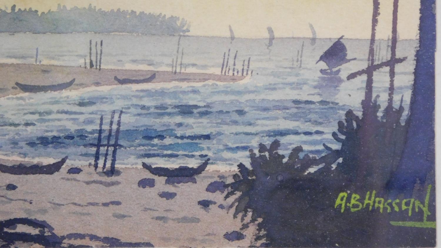 A.B. HASSAN, watercolour of Malaysian beach houses, oil on canvas of a church, signed etching of a - Image 7 of 11