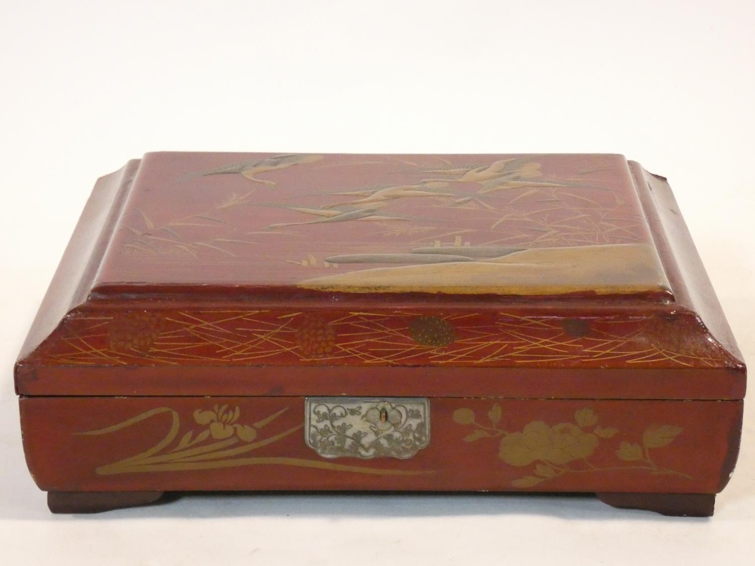 An antique Japanese lacquered fitted gaming box with hand painted gilt decoration depicting a - Image 2 of 15