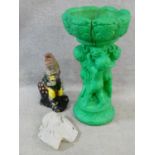 A painted moulded reconstituted bird bath, a garden gnome and classical panel. H.54 D.31cm