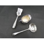 Three silver plated items; a pair of engraved asparagus tongs, a ladle and a milk jug. L.27cm