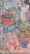 A framed still life oil on canvas by British Artist Sonia Langridge. RA exhibition label to the