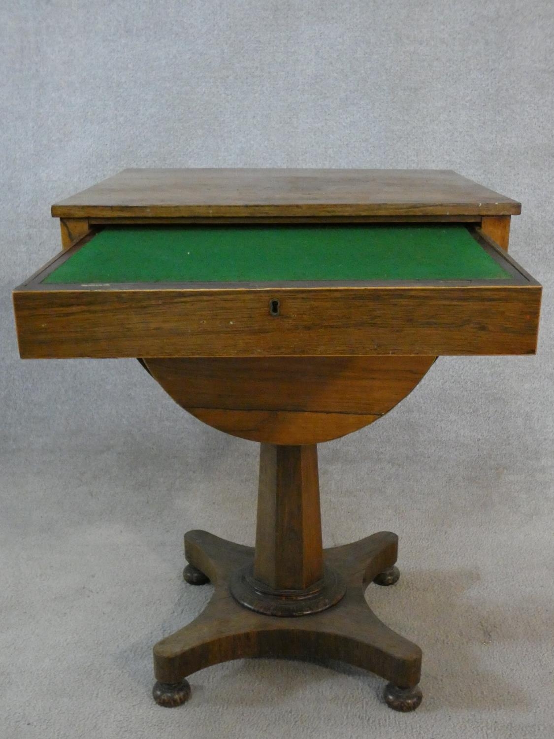 A mid 19th century rosewood sewing table with slide out baize lined work surface and basket - Image 4 of 6