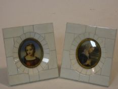 A pair of 19th century miniature watercolours, medieval style portrait studies in gilt metal and