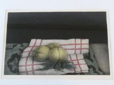 A framed and glazed signed mezzotint by Japanese artist Tomoe Yokoi, depicting peaches on a