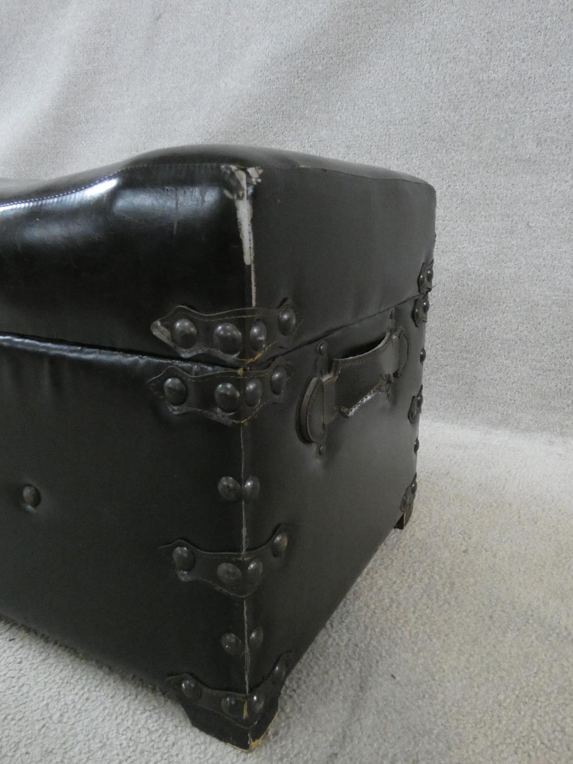 A twin seated iron bound ottoman with twin carrying handles in faux leather covering. H.41 W.120 D. - Image 14 of 18