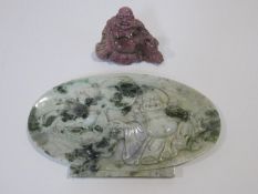 A Chinese Rhodonite carved Buddha and a green hardstone lucky bat with carved Buddha. H.29cm