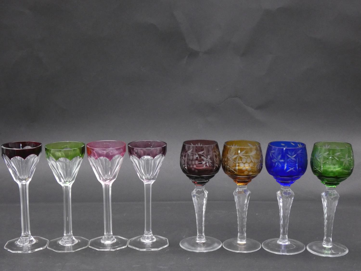 Eight antique Bohemian cut to clear sherry/cordial glasses. A set of four with vine design and - Image 2 of 16