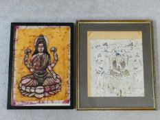 A framed and glazed batik painting of Buddha and a framed and glazed painting on parchment of
