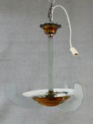 An Art Deco copper ceiling pendant light shade with etched glass finials. H.60 D.45cm
