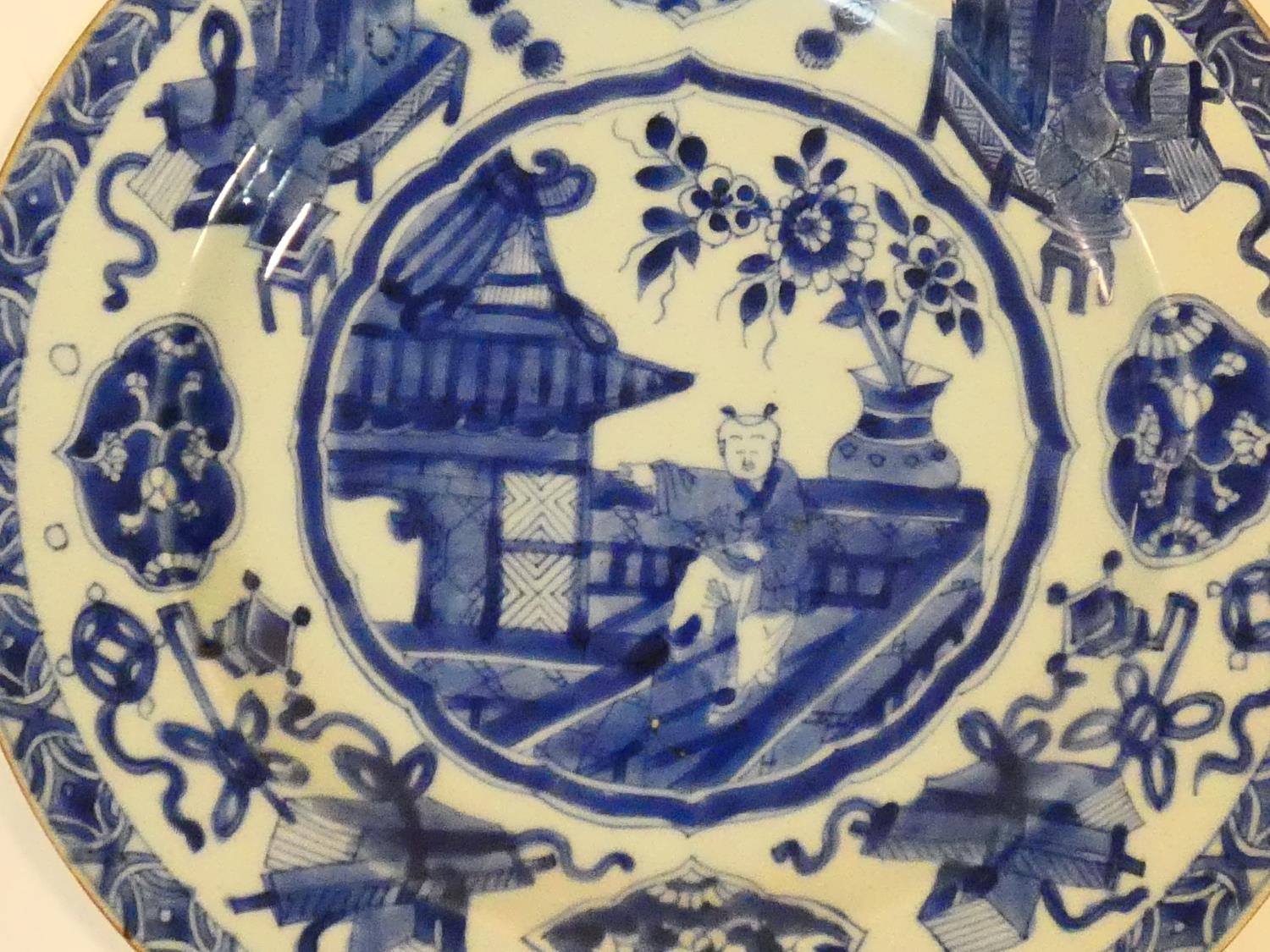 Three 18th century Chinese porcelain hand painted export ware dishes. One Kangxi style plate with - Image 3 of 11