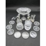 A collection of antique cut glassware. Including a cut crystal stemmed bonbon dish with floral