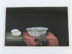 A framed and glazed signed mezzotint by Japanese artist Tomoe Yokoi, depicting a bowl, half an apple