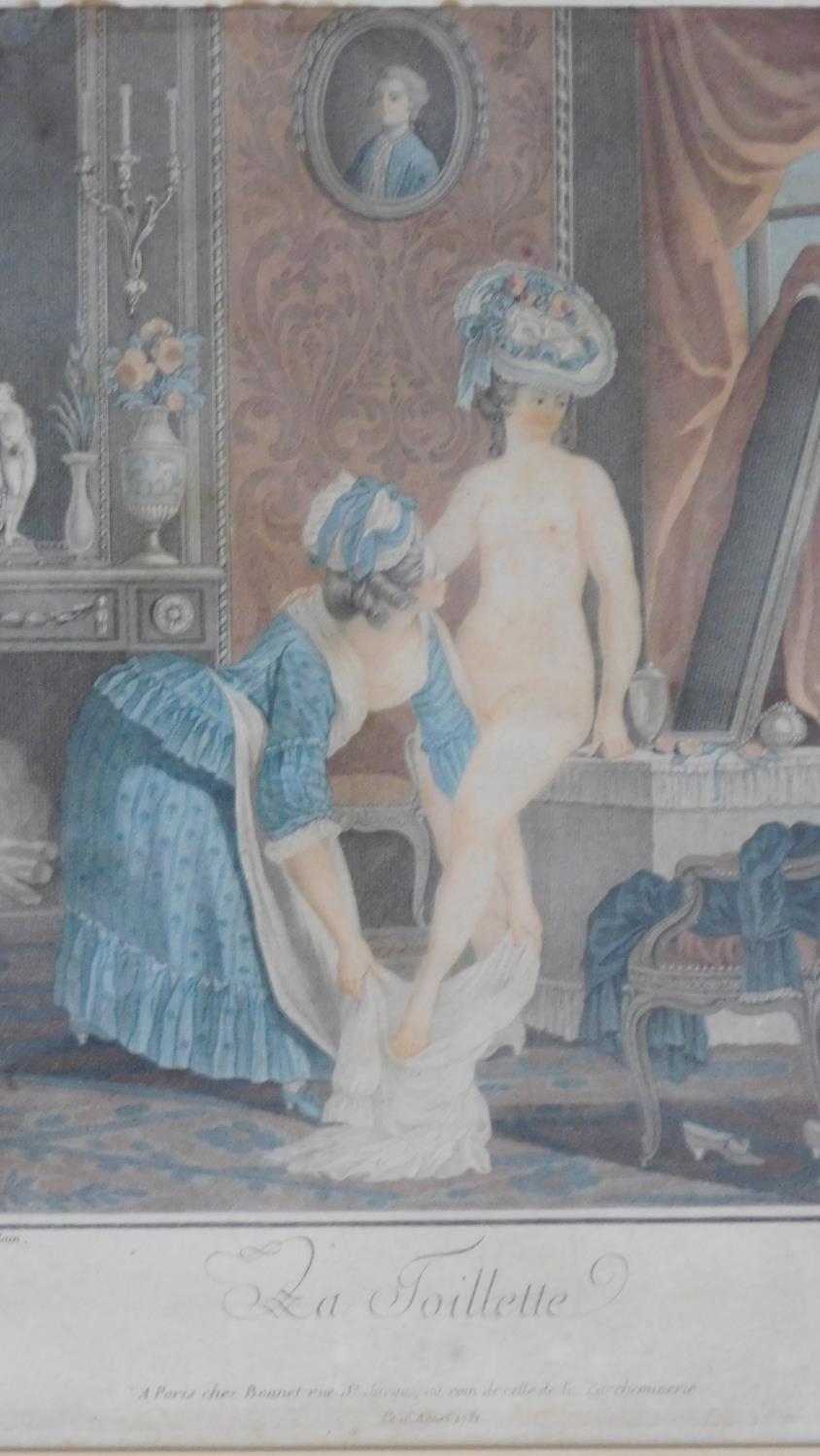 Two gilded framed and glazed antique hand coloured French engravings of nude ladies, one titled ' - Image 4 of 6