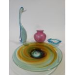 A collection of Art glass. Including an iridescent lustre cranberry glass vase,a green and orange