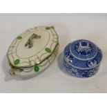 A Royal Doulton lidded tureen and a Chinese blue and white lidded spice pot. H.14 W.31 D.18cm (