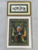 Two framed and glazed Indian watercolour and ink paintings on parchment. One of elephants and