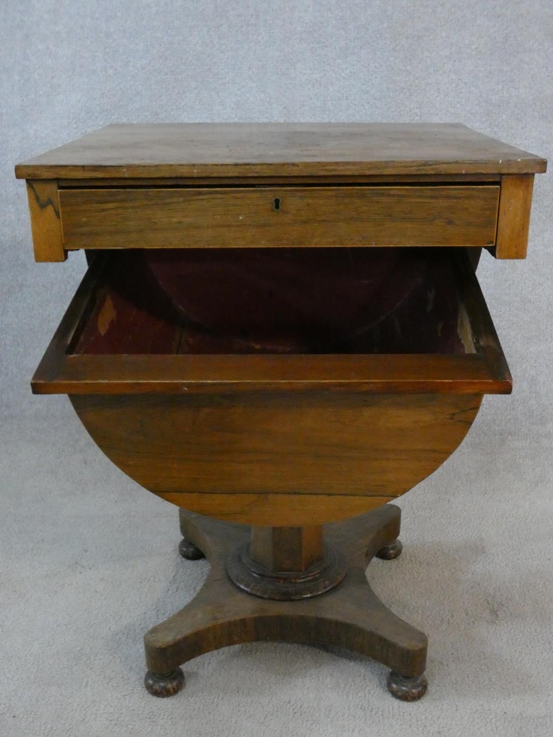 A mid 19th century rosewood sewing table with slide out baize lined work surface and basket - Image 3 of 6