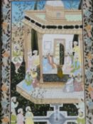 A 20th century framed and glazed Indo-Persian silk painting of a court scene. Surrounded by a floral