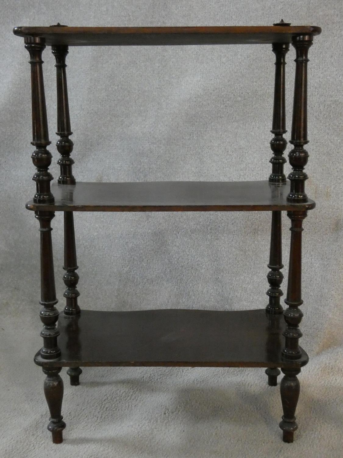 A Victorian mahogany three tier whatnot and a carved Eastern hardwood occasional table. H.84 W.55 - Image 5 of 6