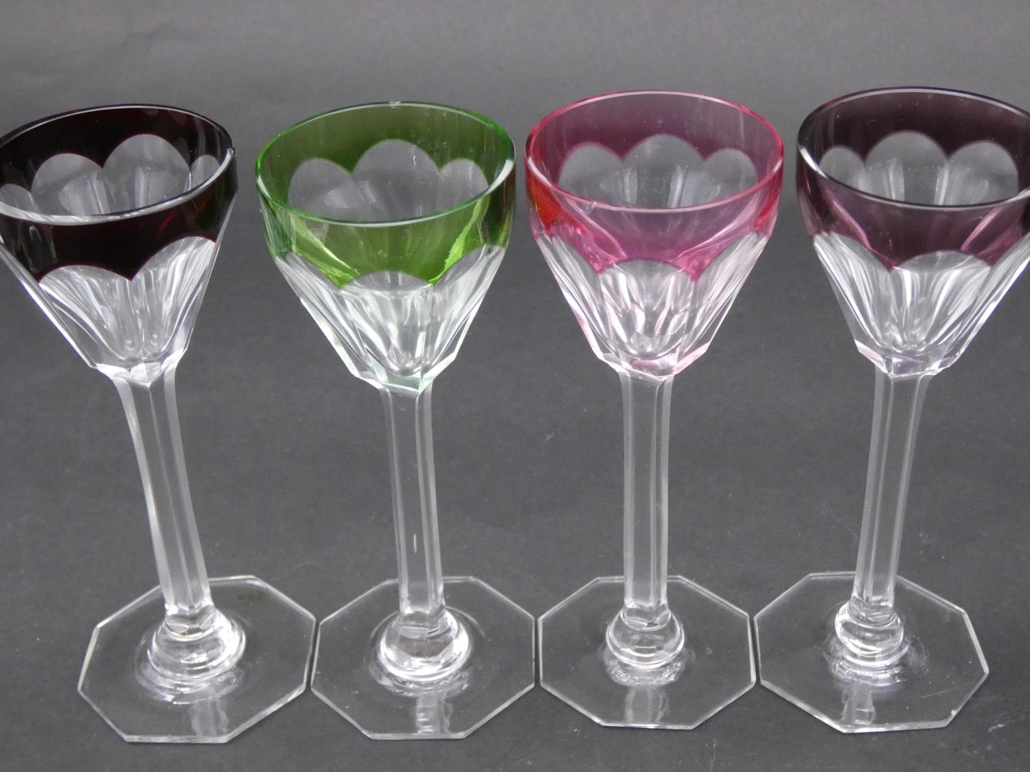Eight antique Bohemian cut to clear sherry/cordial glasses. A set of four with vine design and - Image 5 of 16