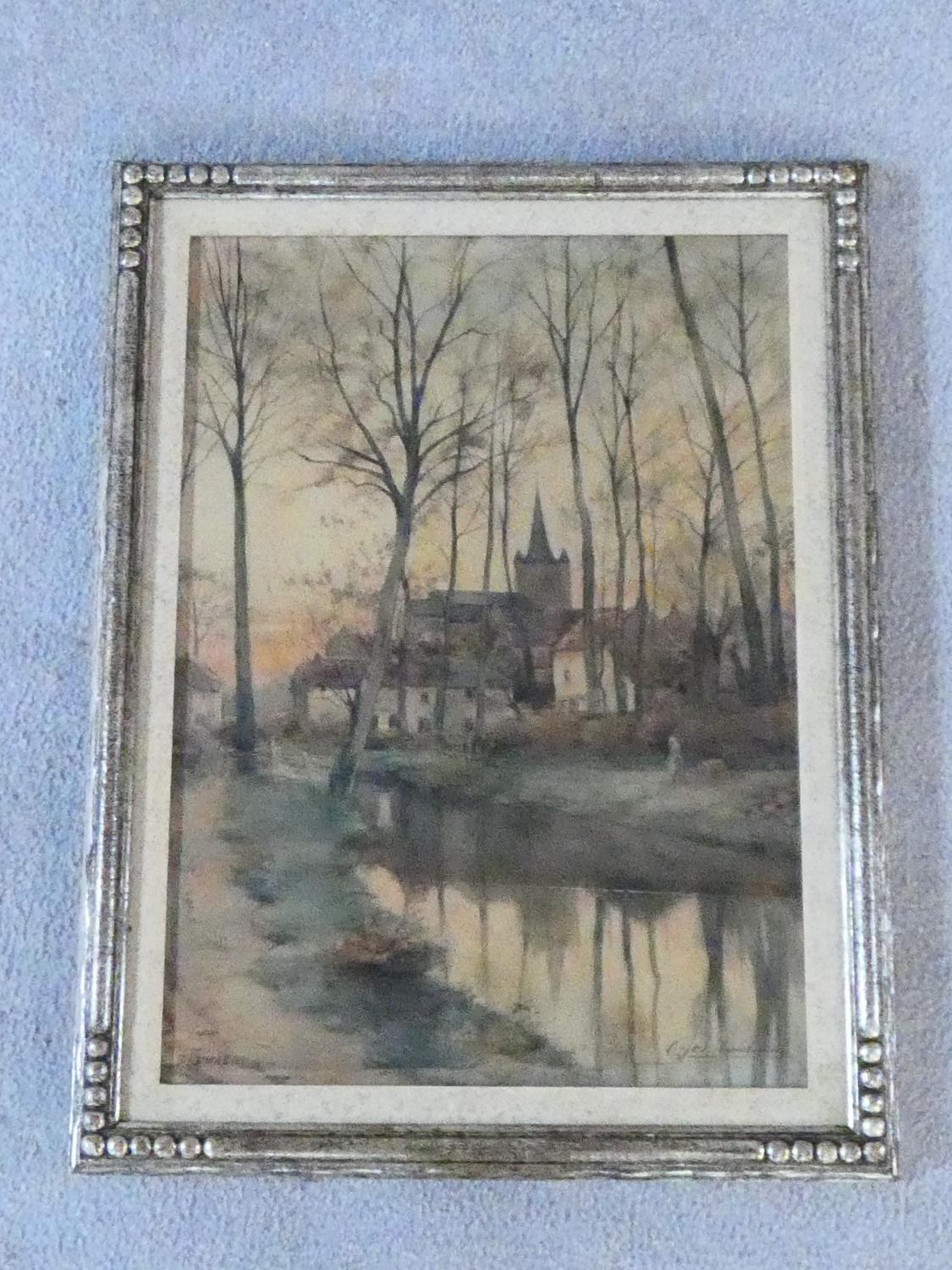 A framed and glazed watercolour of a village river scene, titled 'Emael', signed Jos Lambresier. - Image 2 of 6