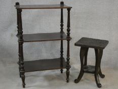 A Victorian mahogany three tier whatnot and a carved Eastern hardwood occasional table. H.84 W.55