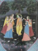 A framed and glazed 20th century Indo-Persian silk painting depicting a chapter from Gita Govinda.