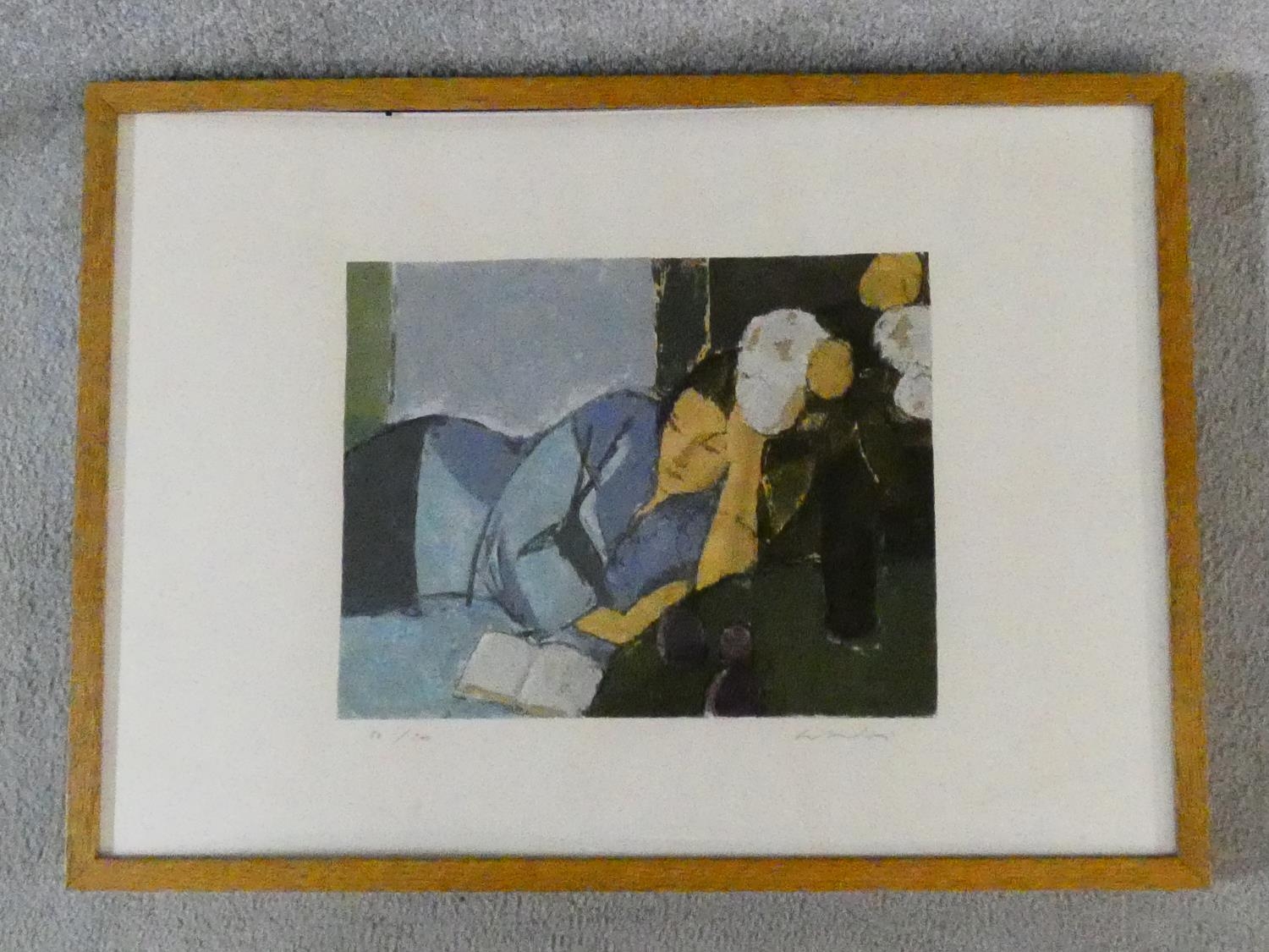 A framed and glazed signed coloured lithograph. Depicting a lady lying on the sofa. Edition 50/ - Image 2 of 6