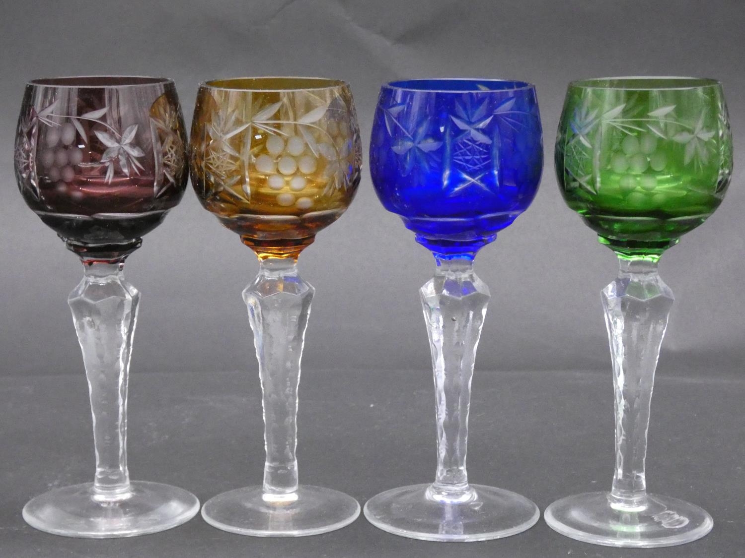 Eight antique Bohemian cut to clear sherry/cordial glasses. A set of four with vine design and - Image 9 of 16