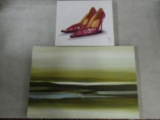 Two contemporary unframed oils on canvas, a seascape and a study of shoes, indistinctly signed and