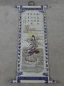 A Republic period hand painted porcelain Chinese scroll with metal hanger. Depicts Guan-Yin standing