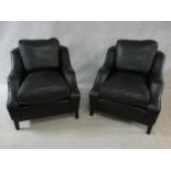 A pair of black grained leather and piped Peter Dudgeon club armchairs. H.95 W.83 D.90cm (a