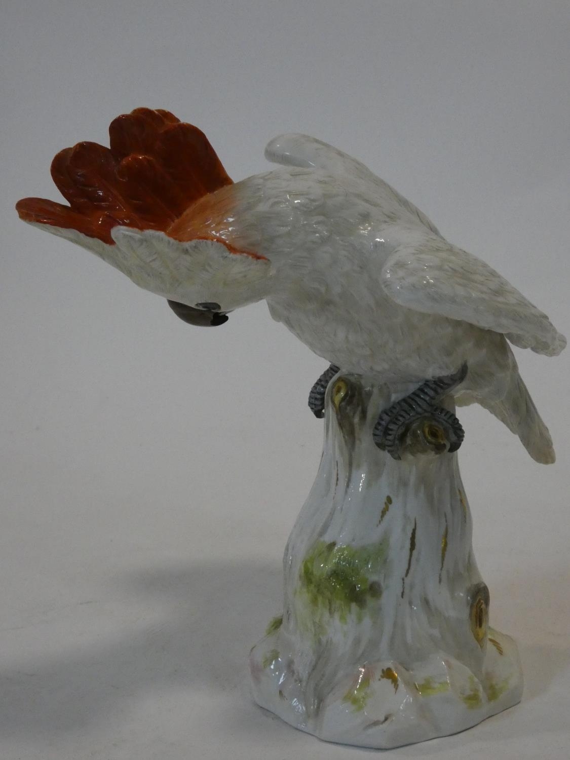 A 19th century Meissen hand painted porcelain cockatoo. With red crest and perched on a log. First - Image 2 of 4