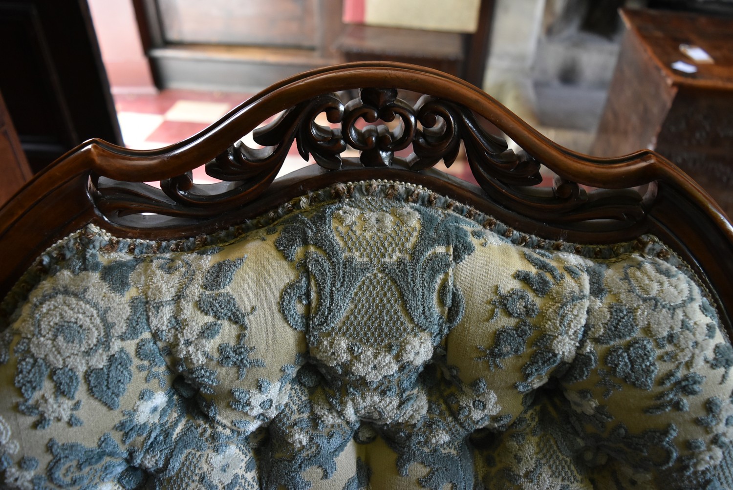 A Victorian mahogany nursing chair with carved and pierced back rail on cabriole supports in deep - Image 5 of 6