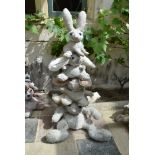 Ross Bonfanti, concrete and mixed material sculpture, a pyramid of bunny rabbits, comes in four