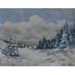 An oil on board, winter lanscape, indistinctly signed bottom right in ornate gilt frame. H.49xW.53cm