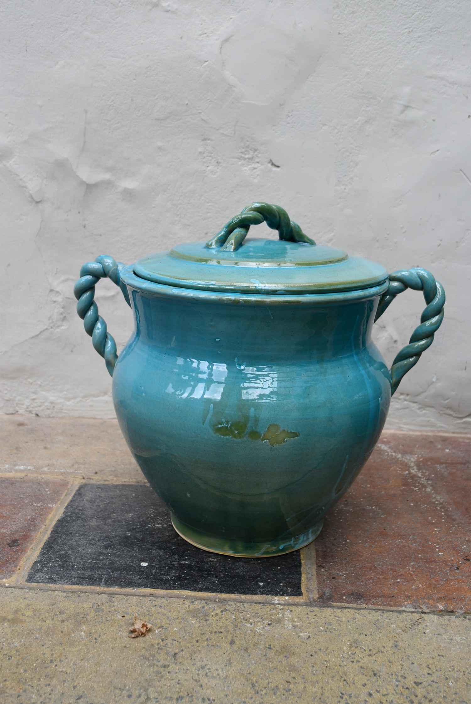 A pair of Eastern turquoise glazed lidded storage pots with twin rope design handles. H.47 x Dia. - Image 2 of 5