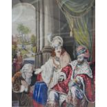 A large 19th century framed and glazed embroidery of an Eastern court scene. H.118xW.98cm